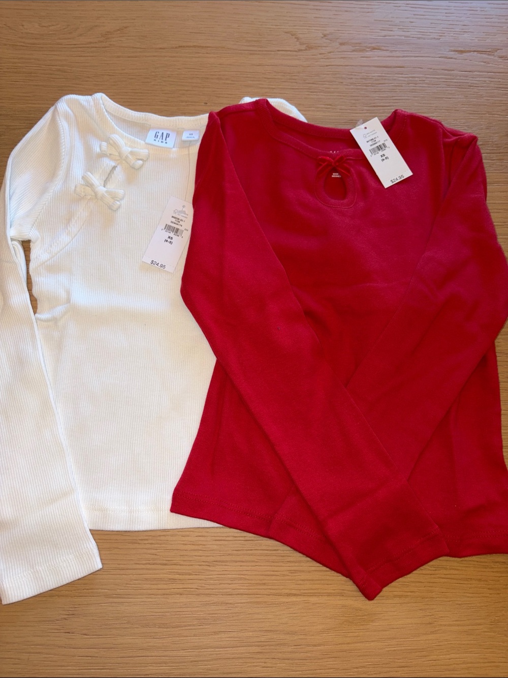 NWT GAP Kids Set of Two Cream Ribbed Top with Bows & Red Long-Sleeve Keyhole Top